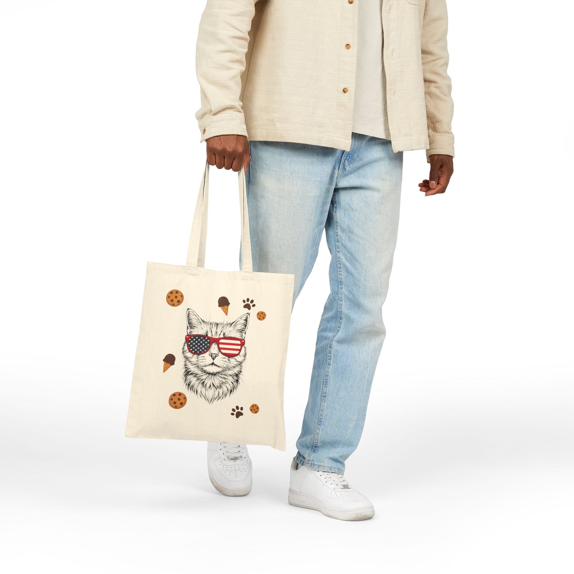 Patriotic Cat Tote Bag – Premium Quality – USA Sunglasses Design with Treats & Paw Prints