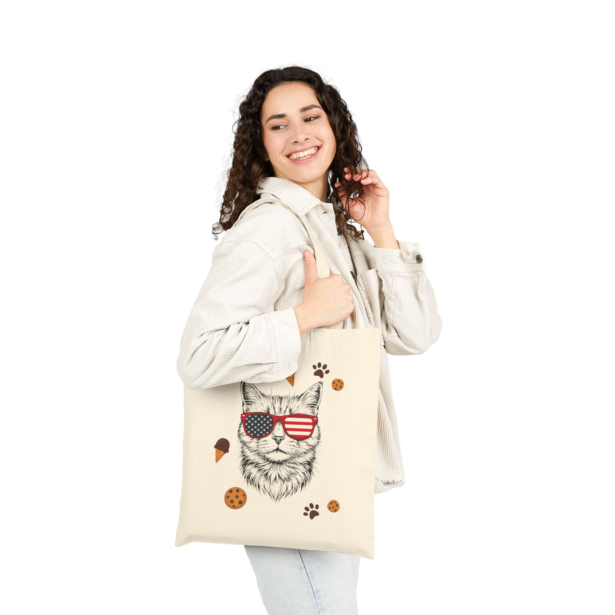 Patriotic Cat Tote Bag – Premium Quality – USA Sunglasses Design with Treats & Paw Prints