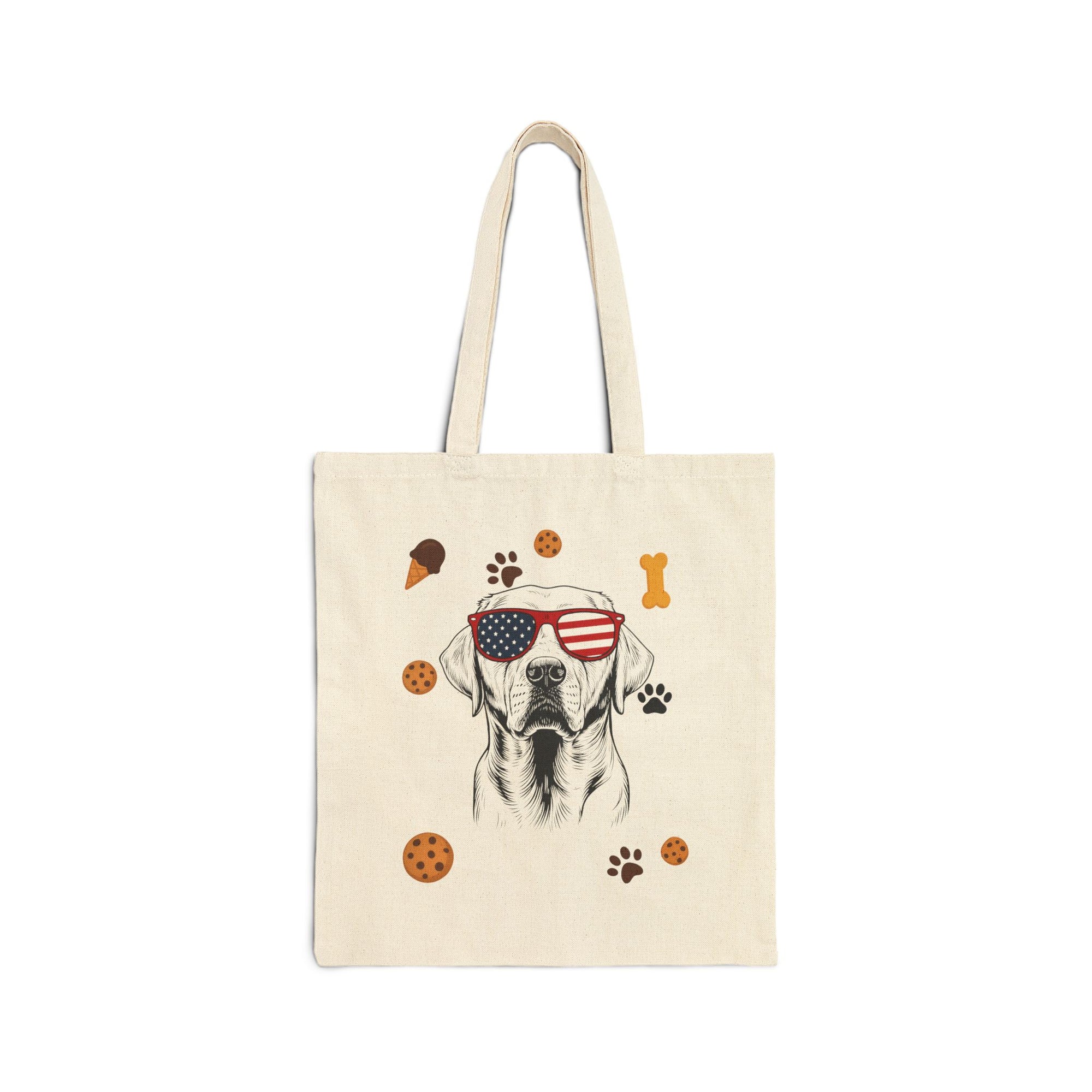 Patriotic Dog – Premium Quality Tote Bag – USA Sunglasses Design with Treats & Paw Prints