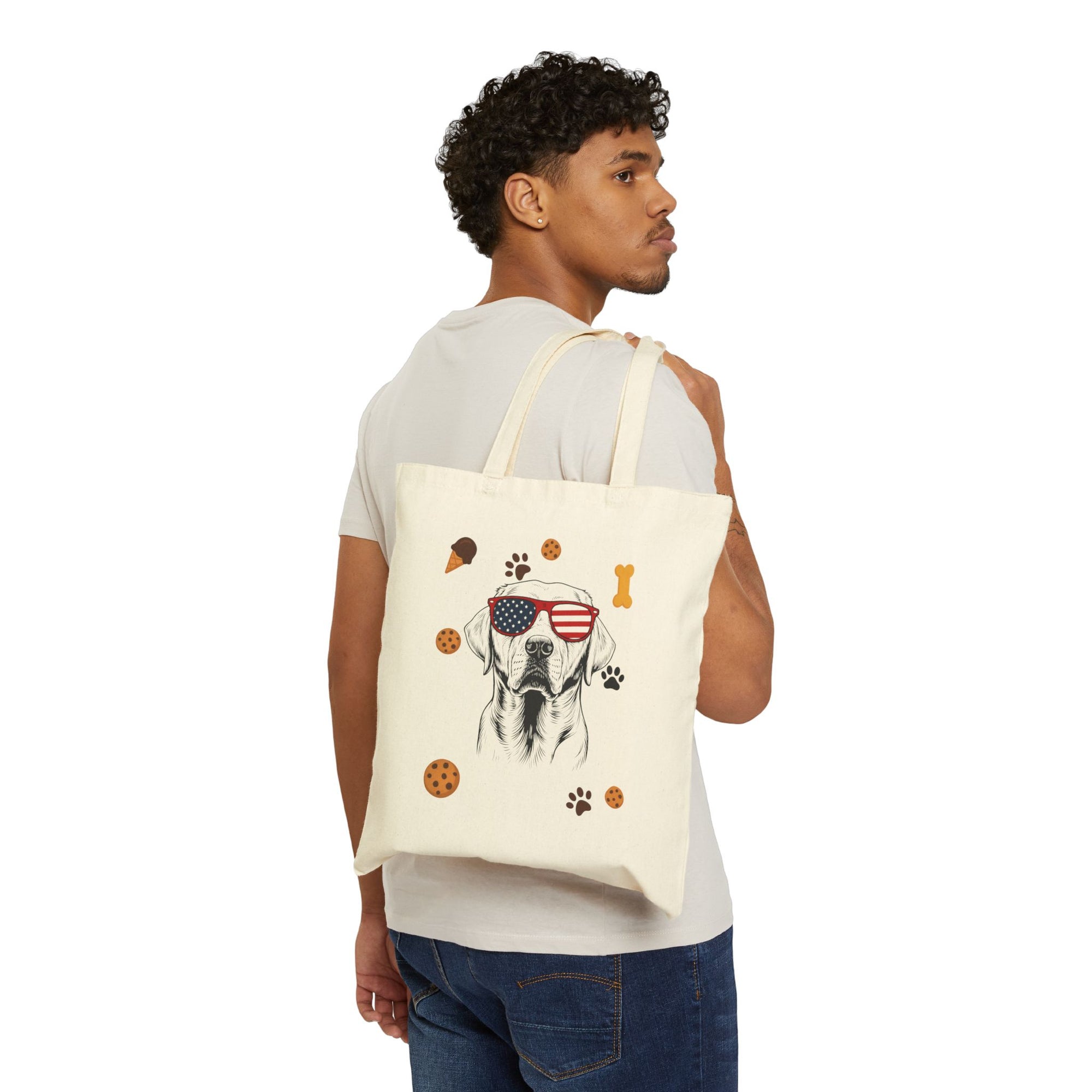 Patriotic Dog – Premium Quality Tote Bag – USA Sunglasses Design with Treats & Paw Prints