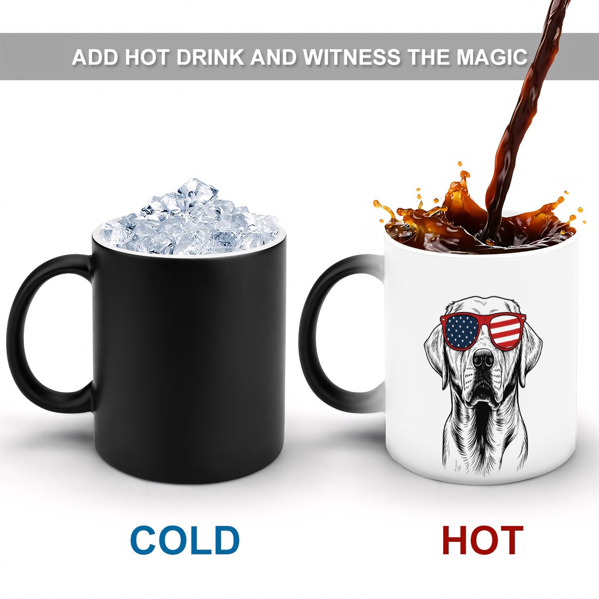 Patriotic Dog Color-Changing Mug – Heat Reveal with American Flag Sunglasses