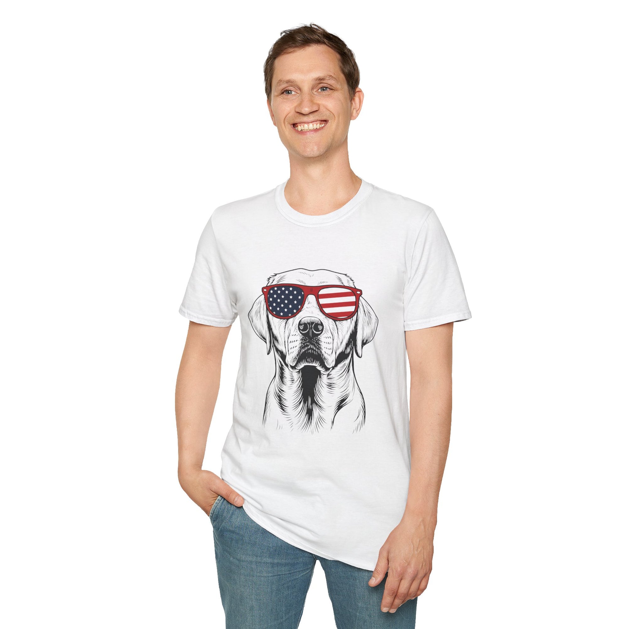 😎 Cool Dog T-Shirt – Patriotic Pup with American Flag Sunglasses