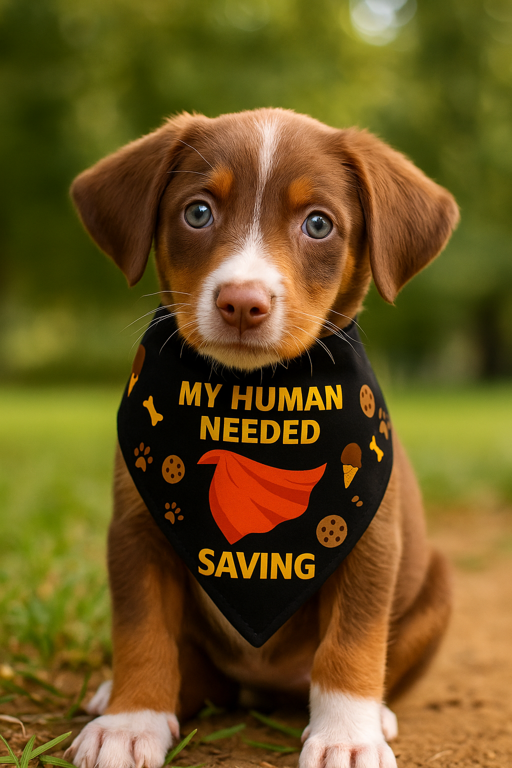 Superhero Pet Bandana  with clip – “My Human Needed Saving” - Black