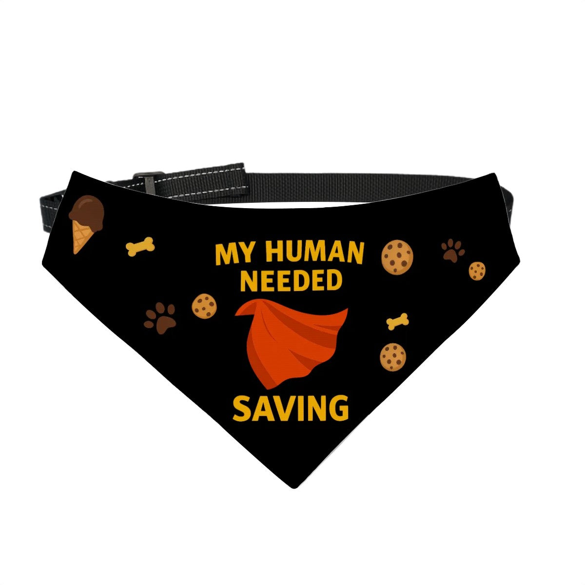 Superhero Pet Bandana  with clip – “My Human Needed Saving” - Black