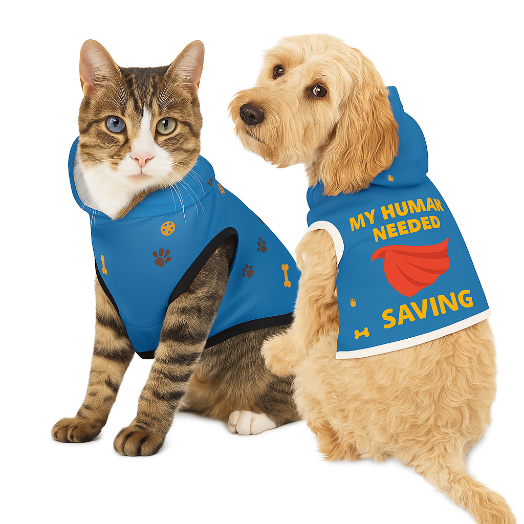 Superhero Pet Hoodie – “My Human Needed Saving” Sapphire
