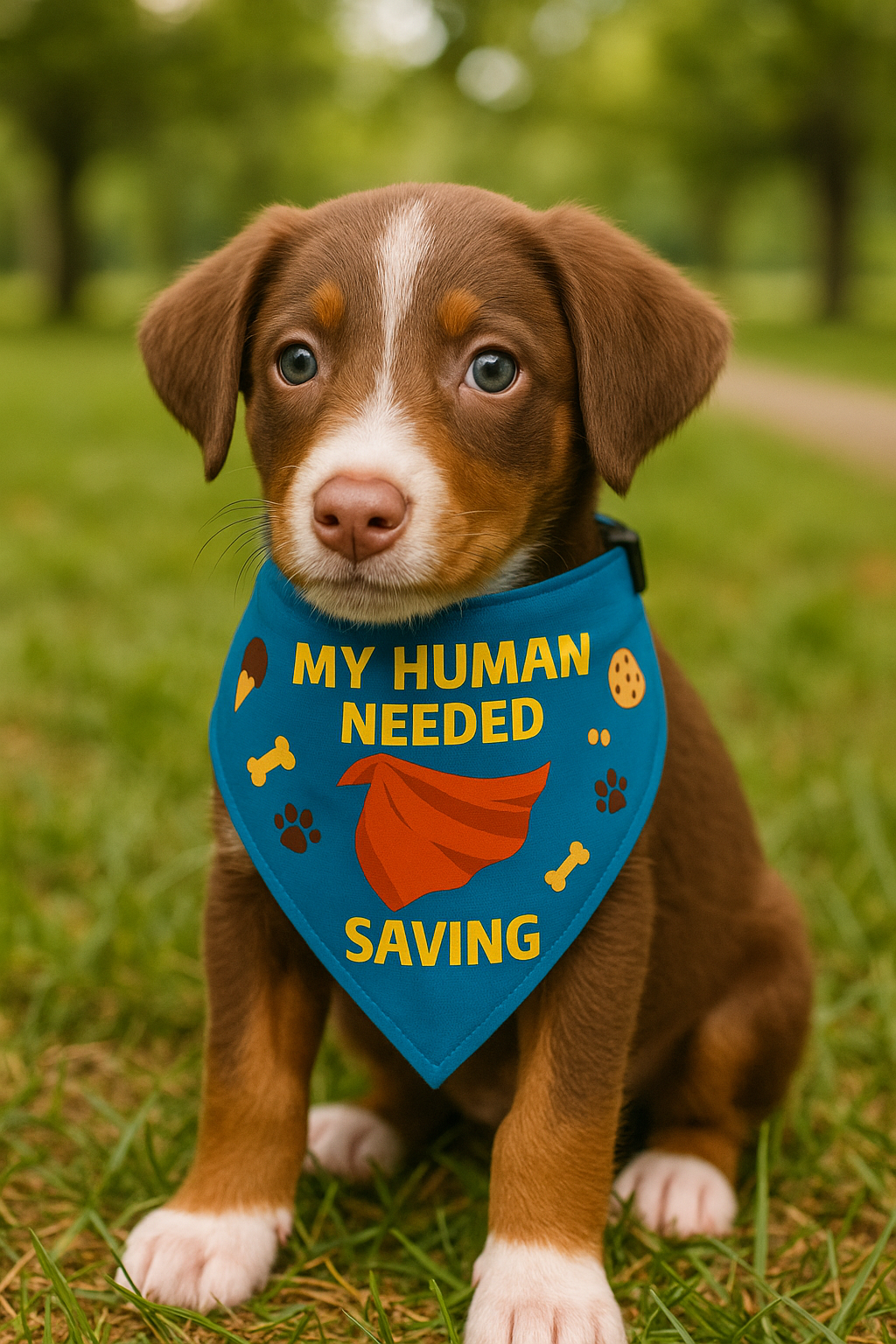 Superhero Pet Bandana  with clip – “My Human Needed Saving” – Sapphire