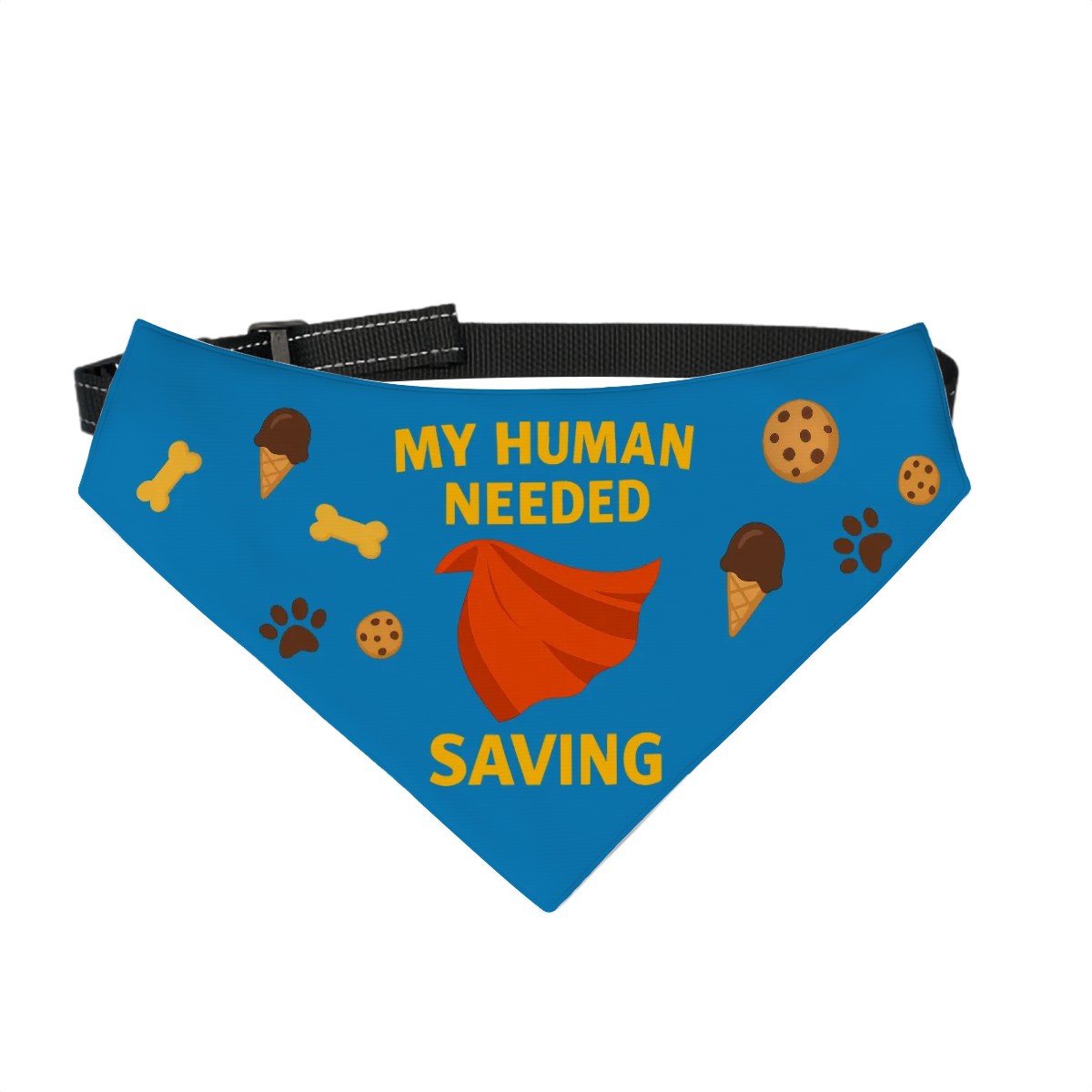 Superhero Pet Bandana  with clip – “My Human Needed Saving” – Sapphire