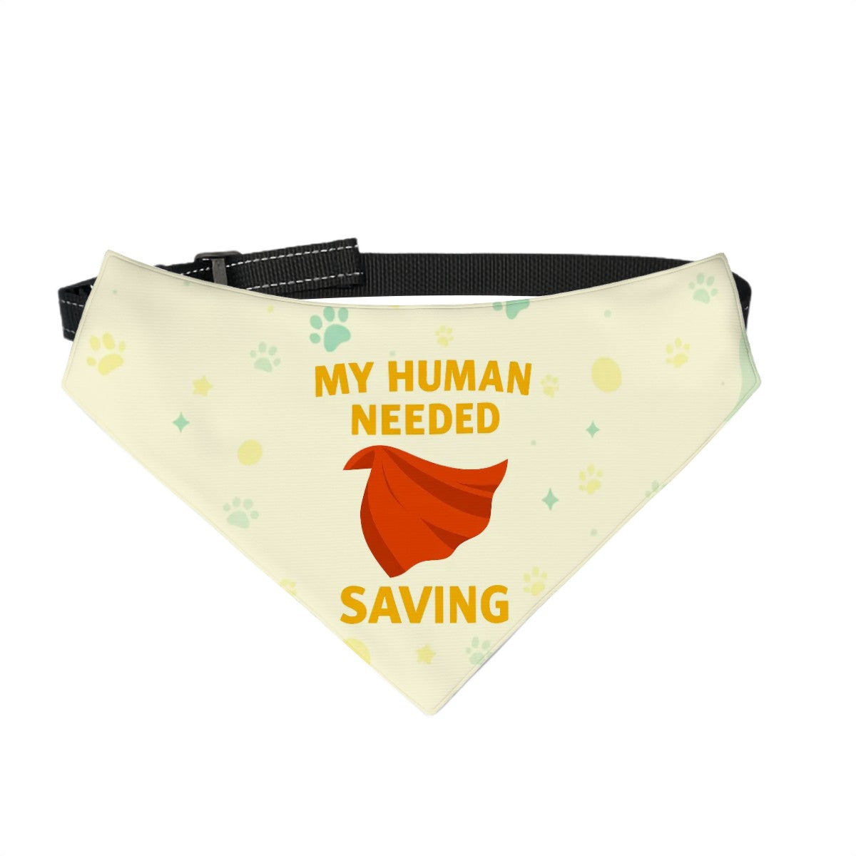 Superhero Pet Bandana  with clip – “My Human Needed Saving” - Cream
